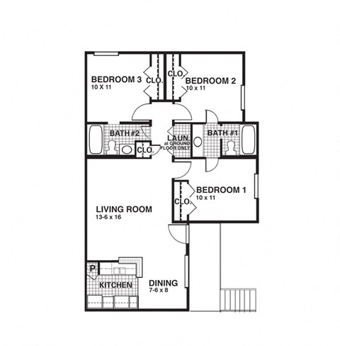 Floor plan for 3 beds, 2 baths, 987 sqft